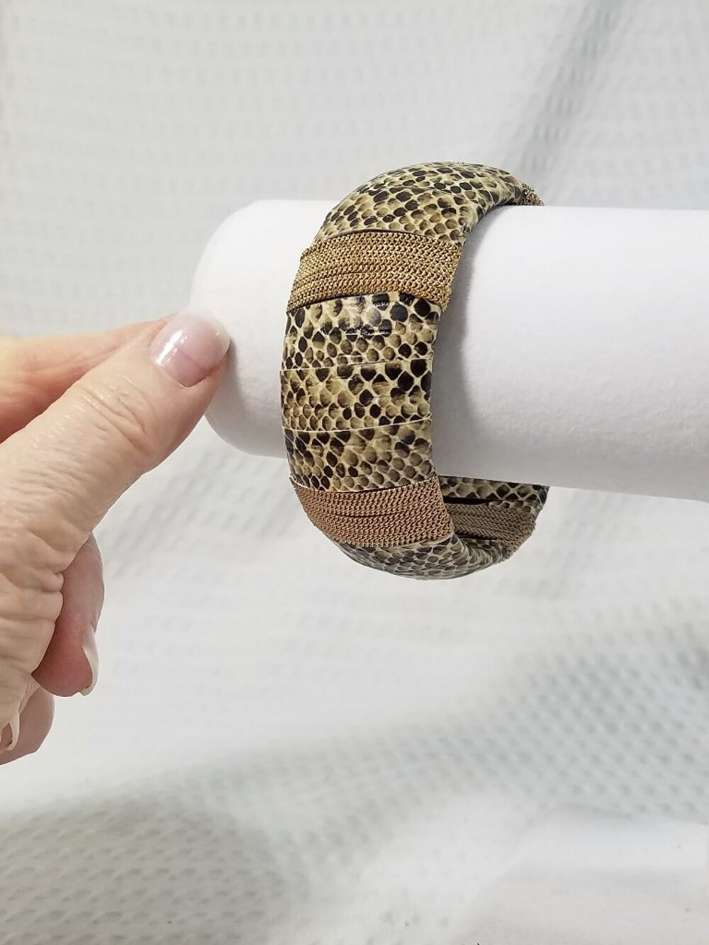 Vintage Genuine Snakeskin Bangle Bracelet – Taupe Black Gold Tone Chain Wrap